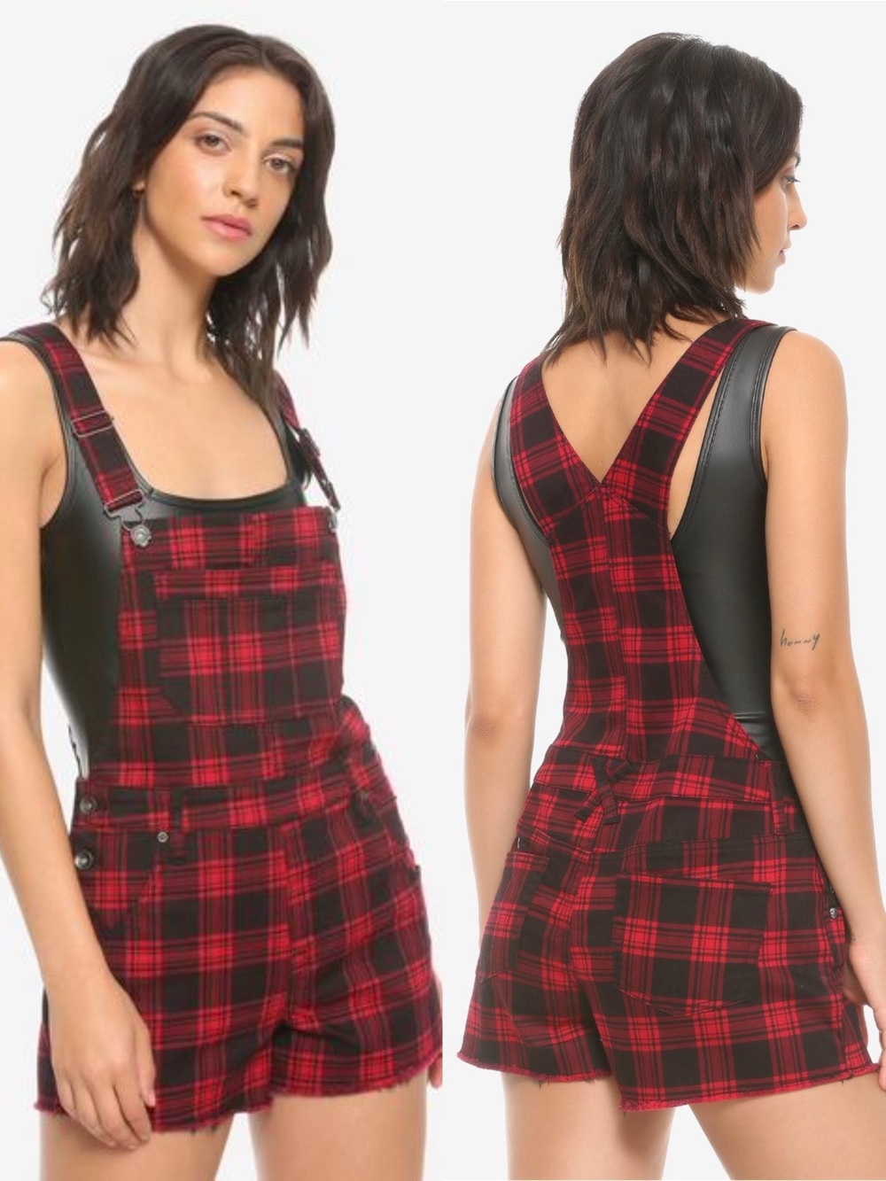 Hot Topic | HT Denim Black & Red Plaid Shortalls | Size Extra Large